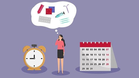 Confused young woman animation thinking about contraception device with calendar and reminder time. Cartoon in 4k resolution