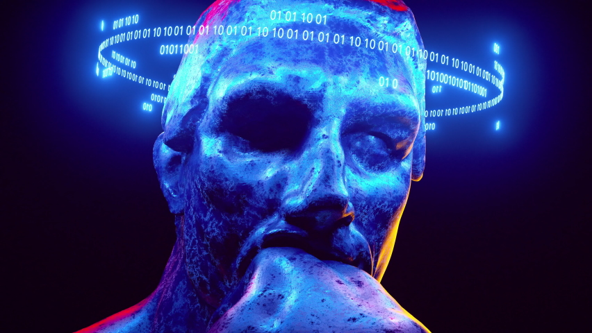 Adult Face Man Posing Science Philosophy Motion Graphics. Tech Epic Flight Movement from Closeup Shot to with Historical Dramatic Vr Digital Silhouette. Ai Futuristic Hero Dreams and Fantasizes People