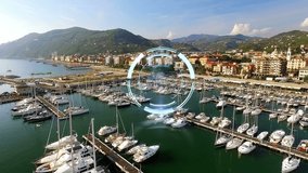 Animation of circular scanner with countdown over boats in marina modern coastal town. global communication and networking technology concept digitally generated video. - Powered by Shutterstock - Get 15% off with code: PIKWIZARD15