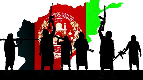black silhouettes of militants with weapons in his hands. Afghanistan map with Afghanistan flag in the middle on white background. armed conflict in Afghanistan