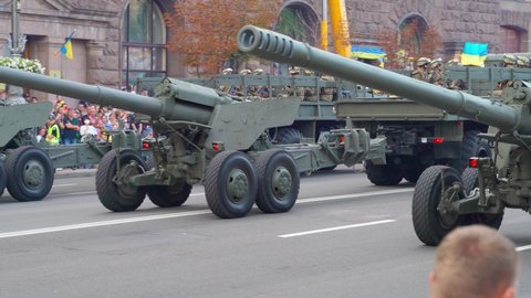 Military equipment of the Ukrainian Army. Heavy barrel artillery. Heavy ranged combat weapon. trucks convoy movement in the Independence Day of Ukraine parade.
August 22, 2021, Kyiv, Ukraine