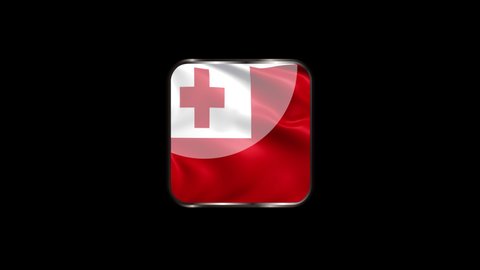 Steel Badge with the Flag of Tonga on Transparent Background. Tonga Flag Glass Button Concept with Rectangular Metal Frame. 4K Ultra HD Seamless Looping Animation.