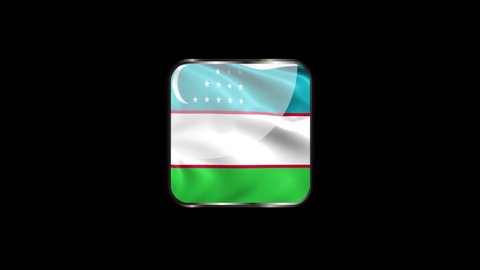 Steel Badge with the Flag of Uzbekistan on Transparent Background. Uzbekistan Flag Glass Button Concept with Rectangular Metal Frame. 4K Ultra HD Seamless Looping Animation.