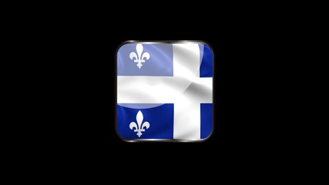 Steel Badge with the Flag of Quebec on Transparent Background. Quebec Flag Glass Button Concept with Rectangular Metal Frame. 4K Ultra HD Seamless Looping Animation.