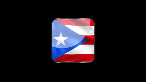Steel Badge with the Flag of Puerto Rico on Transparent Background. Puerto Rico Flag Glass Button Concept with Rectangular Metal Frame. 4K Ultra HD Seamless Looping Animation.