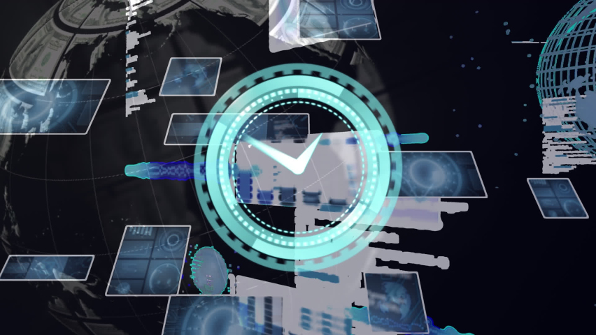 Animation of clock and rotating globe of dollars over interfaces with processing data on black. global communication and digital interface concept, digitally generated video. - Powered by Shutterstock - Get 15% off with code: PIKWIZARD15