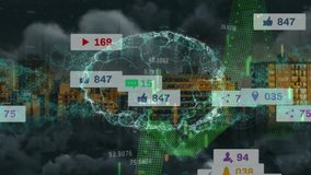 Animation of social network notifications and rotating brain over graphs and cityscape. medical research and global business communication concept digitally generated video. - Powered by Shutterstock - Get 15% off with code: PIKWIZARD15