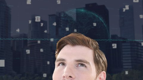 Animation of man looking up, over city buildings and data processing. global communication, data sharing and buisness concept digitally generated video.