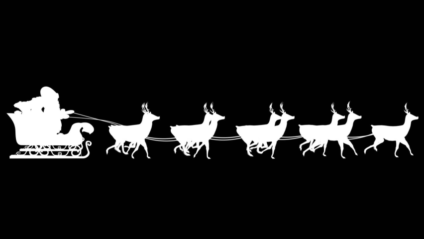 Animation of white santa sleigh and reindeer, with blue tree tops, snowflakes, stars and baubles. christmas, winter seasonal greetings and celebration concept digitally generated video.