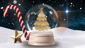 Animation of candy cane, star and gold christmas tree in snow globe, with falling snow, on night sky. christmas, winter seasonal greetings and celebration concept digitally generated video. - Powered by Shutterstock - Get 15% off with code: PIKWIZARD15