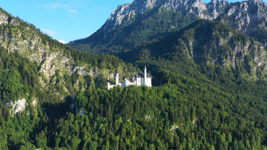 Neuschwanstein Fairytale Castle near Fussen, Bavaria, Germany. View of famous Neuschwanstein Castle. Location: village of Hohenschwangau, near Fussen, southwest Bavaria, Germany, Europe