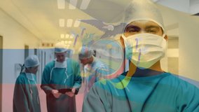 Animation of flag of ecuador waving over surgeons in face masks. global covid 19 pandemic and healthcare services concept digitally generated video. - Powered by Shutterstock - Get 15% off with code: PIKWIZARD15