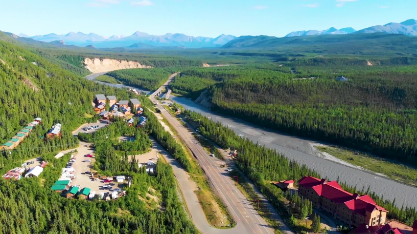 4K Drone Video of Denali Park Village along the Nenana River on the George Parks Highway Alaska Route 3 Near Denali State Park, AK