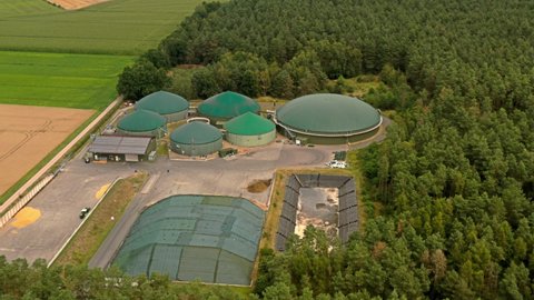 Aerial view of a plant for the production of methane gas from biological waste for the generation of heat and electrical energy.