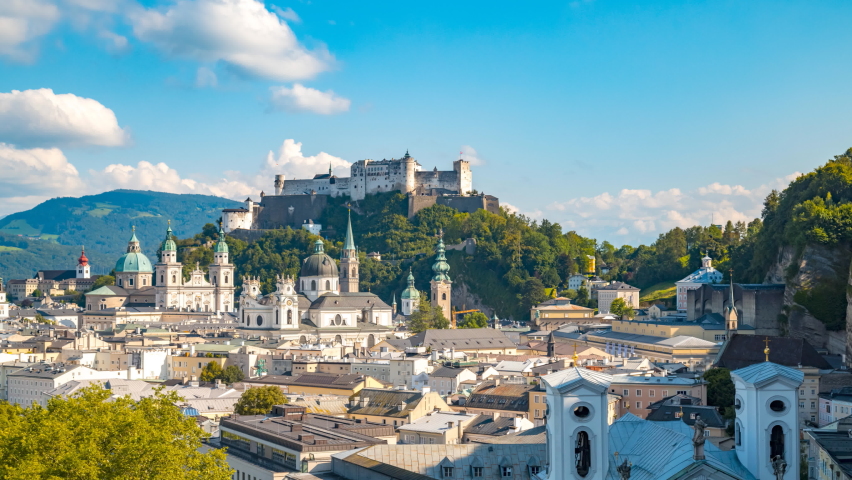Salzburg aerial skyline view time lapse footage in 4k, salzburg old town, castle sommer view austria europe.