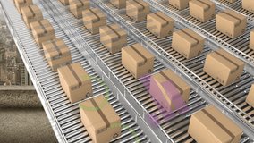 Animation of statistics processing over cardboard boxes on conveyor belts and cityscape. global shipping and data processing concept digitally generated video. - Powered by Shutterstock - Get 15% off with code: PIKWIZARD15