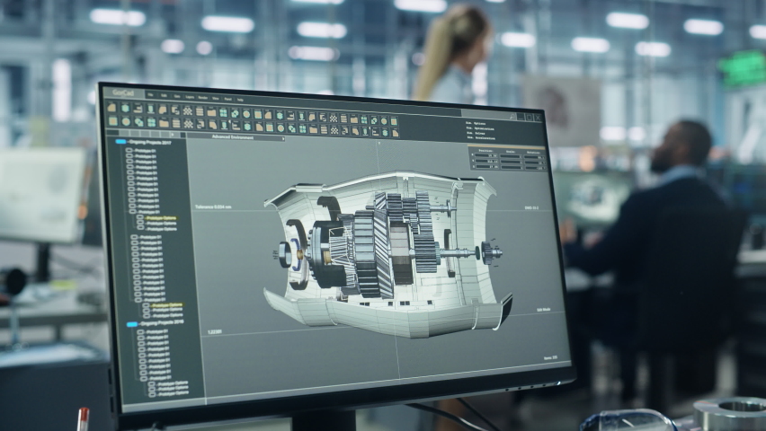 Car Factory Office: Project Manager Talks to Automotive Engineer Working on Computer, Design 3D Model for Green Energy Electric Engine. Automated Assembly Line Manufacturing Vehicles. Slider Shot | Shutterstock HD Video #1078238006