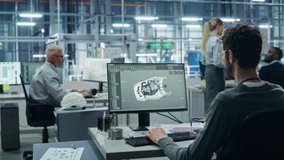 Car Factory Office: Engineer Working on Turbine Prototype on Computer, Design Advanced 3D Model for High-Tech Green Energy Electric Engine. Diverse Team Work in Automated Manufacturing Facility - Powered by Shutterstock - Get 15% off with code: PIKWIZARD15