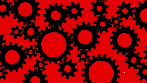 Background red with dust many cogs diabolic cartoon grunge pulsing dirty animation. Dynamic cogs working in motion. Eight hell element machine. 