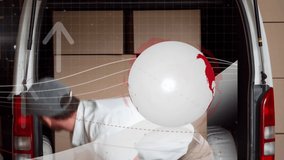Animation of globe of connections and arrow over delivery man with cardboard box. global shipping and connections concept digitally generated video. - Powered by Shutterstock - Get 15% off with code: PIKWIZARD15