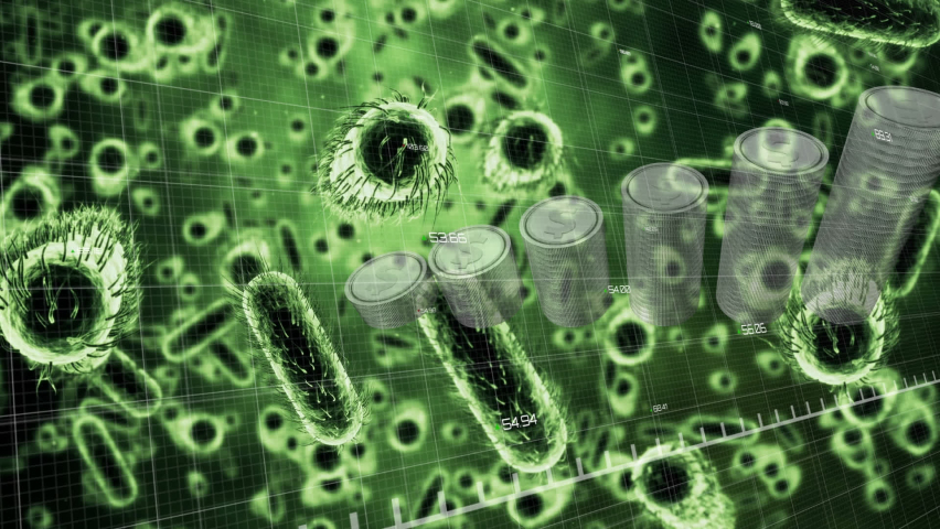 Animation of financial data processing with red line over bitcoins and covid 19 cells. global finances, cryptocurrency and business during covid 19 pandemic concept digitally generated video. - Powered by Shutterstock - Get 15% off with code: PIKWIZARD15