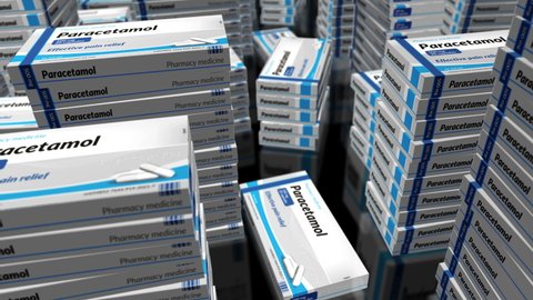Paracetamol pain relief tablets box. Emergency painkiller, headache analgesic and medical pills pack factory. Abstract concept 3d rendering loopable seamless animation. Camera flying between stacks.