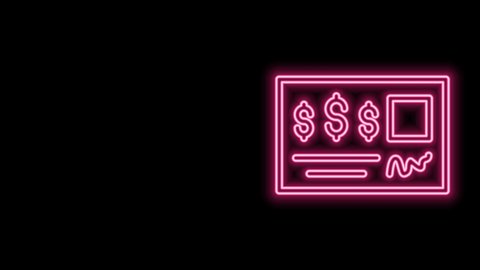 Glowing neon line Blank template of the bank check and pen icon isolated on black background. Checkbook cheque page with empty fields to fill. 4K Video motion graphic animation.