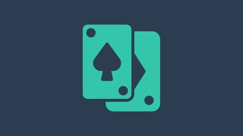 Turquoise Playing cards icon isolated on blue background. Casino gambling. 4K Video motion graphic animation.