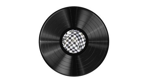 Realistic seamless looping 3D animation of the stylized checkered race flag label vinyl record isolated on white rendered in UHD with alpha matte