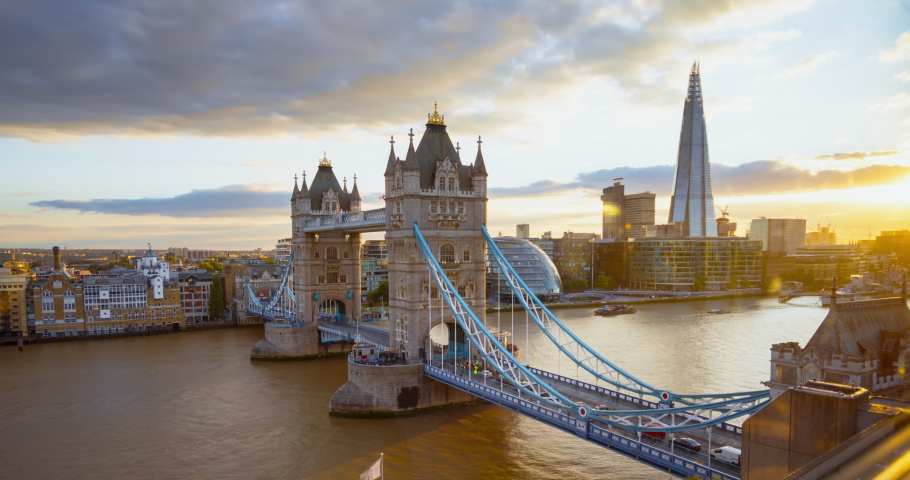timelapse London skyline with illuminated Tower bridge in sunset time, UK Royalty-Free Stock Footage #1078246022
