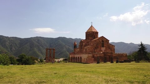  Drone shot Medieval Odzun monastery in the Odzun village of the Lori Province of Armenia. Antique, old church, 6th century․ Cultural monument.