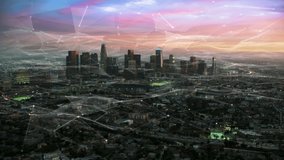 Connected Aerial View of The Financial District In Downtown Los Angeles at Sunset. Famous Skyscrapers With Futuristic Network. Internet Of Things, Smart Cities, Big Data, Augmented Reality.  - Powered by Shutterstock - Get 15% off with code: PIKWIZARD15