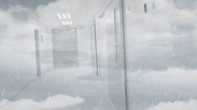 Animation of clouds and sky over doctors running in hospital. emergency, medicine and healthcare services concept digitally generated video.