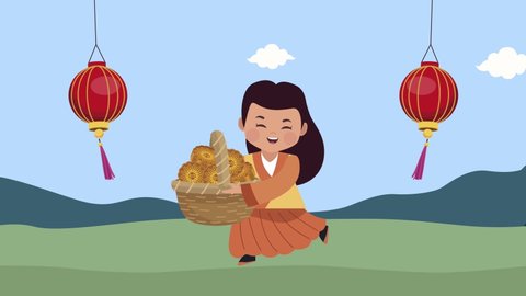 happy mid autumn festival animation with asian girl lifting mooncakes basket ,4k video animated