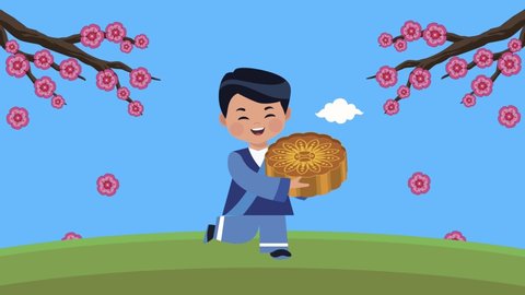 happy mid autumn festival animation with asian boy lifting mooncake ,4k video animated