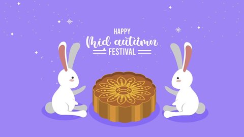 happy mid autumn festival lettering with rabbits and mooncake ,4k video animated