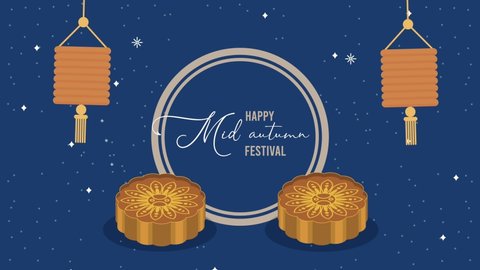 happy mid autumn festival lettering with lanterns and mooncakes ,4k video animated