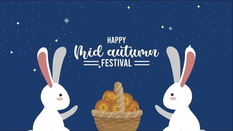 happy mid autumn festival lettering with rabbits and mooncakes in basket ,4k video animated