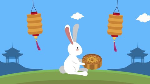 happy mid autumn festival animation with rabbit and mooncake ,4k video animated