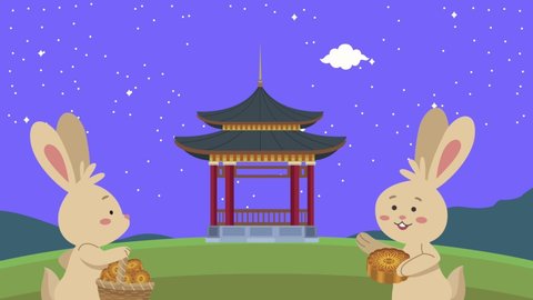 happy mid autumn festival animation with rabbits and pagoda ,4k video animated