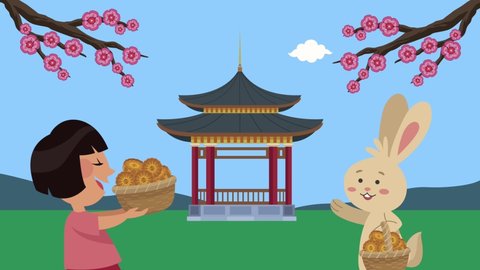 happy mid autumn festival animation with asian girl and rabbit ,4k video animated