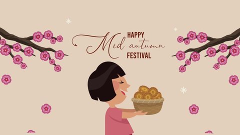 mid autumn festival animation with asian girl walking and trees branches ,4k video animated