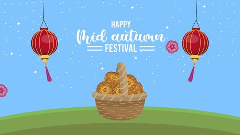 happy mid autumn festival animation with mooncakes in basket ,4k video animated