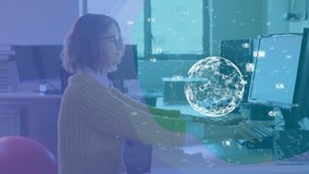 Animation of globe with network of connections over businesswoman using computer in office. global connections, business and technology concept digitally generated video. - Powered by Shutterstock - Get 15% off with code: PIKWIZARD15