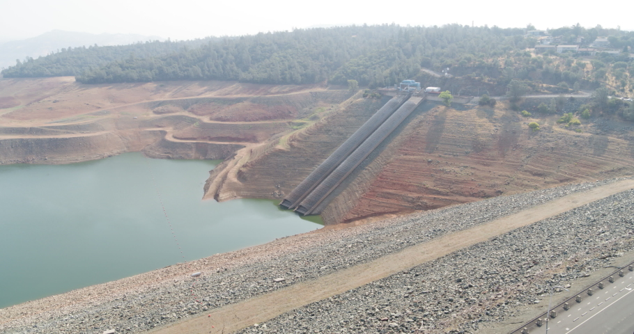 Aerial shot of Lake Oroville hydro electric power plant during drought. Very low water levels.