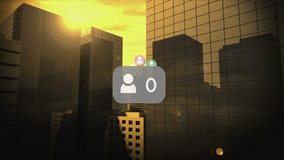 Animation of social media icons and numbers over cityscape. global online social media and communication concept digitally generated video.