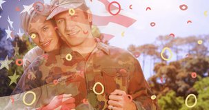 Animation of labor day text over soldier with wife. patriotism and celebration concept digitally generated video.