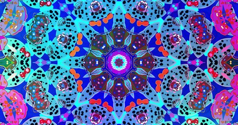 Abstract colorful Kaleidoscope ornament. Computerized motion graphics of multicolor shapes and patterns emitting from the center. Seamless loops, fractal animation, kaleidoscope. 4k graphic motion
