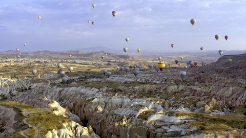 Aerial, Hot Air Balloons, Cappadocia, Turkey. Graded and stabilized version.