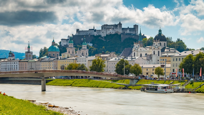 Saluburg castle old town river view time lapse footage, salzburg austria.